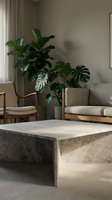 Modern minimalist living room interior with marble coffee table, neutral furniture and tropical houseplants creating serene contemporary home decor atmosphere.
