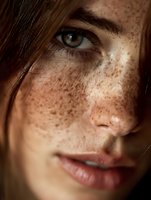 Close-up portrait of young Caucasian woman with freckles and green eyes. Natural beauty concept with detailed skin texture and warm lighting for skincare campaigns.