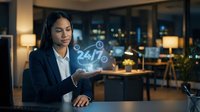 Young African American businesswoman in suit presenting holographic 24/7 customer service icons in modern office at night for business technology concepts.