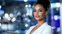 Young African American businesswoman wearing glasses and white blazer against blurred city lights background, confident professional portrait with bokeh effect.