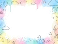 Pastel rainbow watercolor frame with hand drawn doodles including clouds, balloons, stars and rocking horse on white background for baby shower invitations.