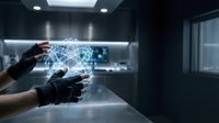 Hands holding glowing digital network sphere with connected nodes in modern laboratory environment for technology and innovation concepts.