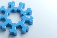 Blue puzzle pieces arranged in circular pattern on white background, creating modern geometric shape. Isolated design element for business concepts and teamwork presentations.