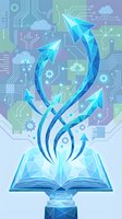 Digital transformation concept with geometric arrows rising from open book against technology circuit background for business growth presentations.