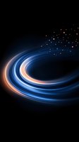 Abstract spiral light trails in blue and orange glow against dark background, creating dynamic motion effect with scattered luminous particles.