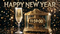 Happy New Year celebration with champagne flute, golden art deco clock showing 11:59, fireworks, and bokeh lights on dark background.