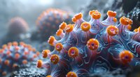 Microscopic view of coronavirus structure with orange spike proteins on blue surface against dark background, scientific medical visualization for healthcare concept.