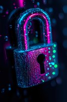 Glowing padlock illuminated by neon pink and blue lights with bokeh effect on dark background, representing digital security and data protection concept.