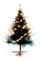 Watercolor Christmas tree silhouette with glowing lights against white background, minimalist holiday art style with soft bokeh effect and gentle color wash.