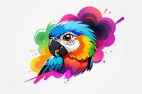 Vibrant rainbow-colored macaw parrot head illustration with artistic paint splash background effect, perfect for modern logo design, apparel prints and creative projects.