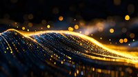 Glowing golden wave with sparkling particles on dark background, abstract light trails and bokeh effect create magical atmosphere for festive designs.
