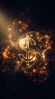 Golden dollar sign symbol floating in magical sparkles and bokeh lights on dark background for finance and wealth concepts.