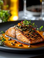 Grilled salmon fillet with pepper crust and fresh microgreens served on black plate in orange sauce, fine dining presentation for restaurant menu.