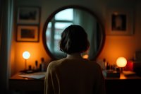 Woman in beige sweater sitting at vanity mirror in dark moody room with warm orange ambient lighting from vintage table lamps creating atmospheric scene.