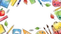 School supplies frame with colorful pencils, notebooks, backpack, apple and autumn leaves on white background for education design.