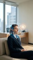 Professional businesswoman meditating with digital brain and data visualization effects in modern office environment for mindfulness and mental wellness concepts.