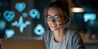 Young Caucasian woman with glasses and headset smiling while working on laptop at night with glowing medical icons in background for healthcare support service.