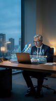 Mature Caucasian businessman analyzing financial data with holographic charts and graphs on laptop in modern office during evening hours.