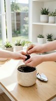 Hands planting green seedling in ceramic pot on wooden table with succulents on shelves by window. Indoor gardening and plant care concept.