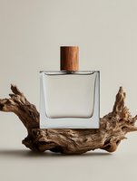 Minimalist glass perfume bottle with wooden cap displayed on natural driftwood branch against neutral beige background for luxury cosmetics branding.