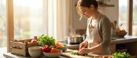 Young woman preparing fresh vegetables in bright modern kitchen with natural sunlight streaming through windows for healthy home cooking.