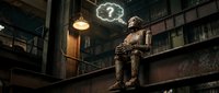 Steampunk robot sitting on metal stairs in industrial warehouse with vintage lighting and mechanical gears atmosphere for sci-fi fantasy projects.