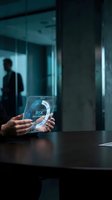 Businessman analyzing risk assessment data on futuristic holographic tablet interface in modern corporate office environment for strategic planning.