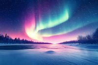 Spectacular aurora borealis dancing across starry night sky over frozen winter landscape with snow-covered ground and forest silhouettes creating magical scene.