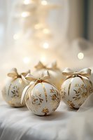 Elegant white Christmas baubles with gold floral patterns and cream satin bows on soft fabric background with dreamy bokeh lights creating festive atmosphere.