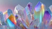 Colorful crystal quartz formations with iridescent rainbow hues against soft pink and blue background, showcasing natural mineral growth patterns.