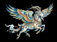 Ornate winged mythical creature with decorative blue, gold, and orange patterns, isolated on transparent background, ready for t-shirt design, clipart, stickers, and print-on-demand products.