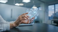 Businessman hands touching digital security icons in modern office environment representing cybersecurity technology and data protection solutions.