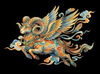 Ornate mythical creature with golden wings and blue accents, isolated on transparent background. Ready for t-shirt design, clipart, stickers, sublimation, and print-on-demand projects.