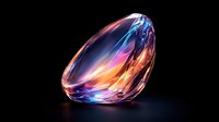 Luminous crystal gem with vibrant blue, pink and orange light refraction effects on black background, glowing from within like precious stone or diamond.