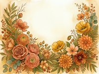 Vintage watercolor floral frame with roses, dahlias, and wildflowers in warm autumn tones, perfect for greeting cards and invitations.