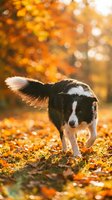 Border collie puppy running through autumn leaves with warm golden sunlight and bokeh background creating magical seasonal atmosphere.