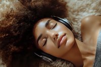 Young African American woman with natural curly hair lying down with closed eyes and headphones, enjoying peaceful moment in warm sunlight on soft surface.