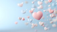 Floating pink and white hearts against soft blue background creating romantic atmosphere. Gentle bokeh effect adds dreamy quality to Valentine's day design.