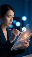 Asian businesswoman analyzing financial data on tablet with glowing charts in modern office at night for business analytics and market research.