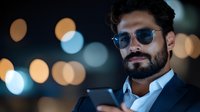 Young Middle Eastern businessman in sunglasses and navy suit checking smartphone at night with blurred city lights bokeh background, modern professional lifestyle.