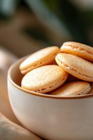 Fresh peach-colored macarons with smooth meringue shells and creamy filling served in white ceramic bowl, captured in soft natural lighting with selective focus.