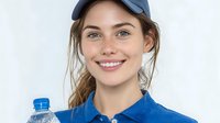 Young Caucasian woman in blue cap and shirt holding water bottle, smiling at camera with healthy lifestyle concept for fitness and hydration campaigns.