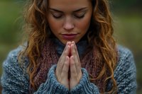 Young woman with reddish-brown wavy hair and fair complexion praying outdoors, hands clasped together in front of chest, wearing gray sweater and burgundy scarf, eyes closed in peaceful meditation or spiritual devotion.