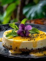 Passion fruit cheesecake with mango sauce, fresh mint leaves and purple edible flower garnish on dark plate, close up view. Dessert photography for menu or cookbook.