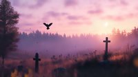 Mystical cemetery landscape at sunset with silhouettes of crosses and a bird flying against purple sky, creating atmospheric gothic mood.