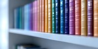 Row of colorful hardcover books arranged on white bookshelf, with soft focus creating dreamy bokeh effect. Academic and literary concept for education and reading.