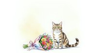 Tabby cat sitting next to colorful flower bouquet with pink ribbon on white background, isolated design element for greeting cards, pet-related projects, and decorative compositions.