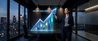 Professional businesswoman presenting financial growth data with holographic chart display in modern corporate office at night.