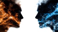 Two human silhouettes facing each other with cosmic fire and ice effects representing duality, contrast and opposing forces in universe.