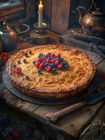 Homemade cheesecake topped with fresh raspberries and blueberries on rustic wooden table with vintage copper teapot and glowing candle in moody atmosphere.